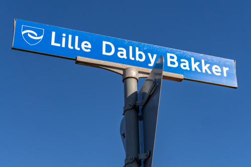Billede af et vejskilt med navnet Lille Dalby Bakker.