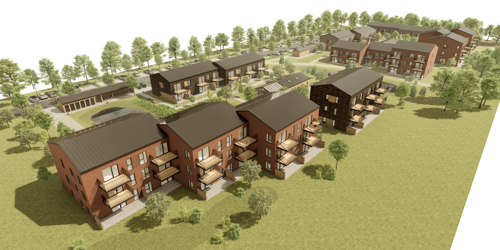 Illustration set fra luften over det nye boligområde.