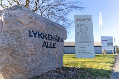 Billede af en sten ved indkørslen til Lykkehåbs Alle med navnet på vejen indgraveret.