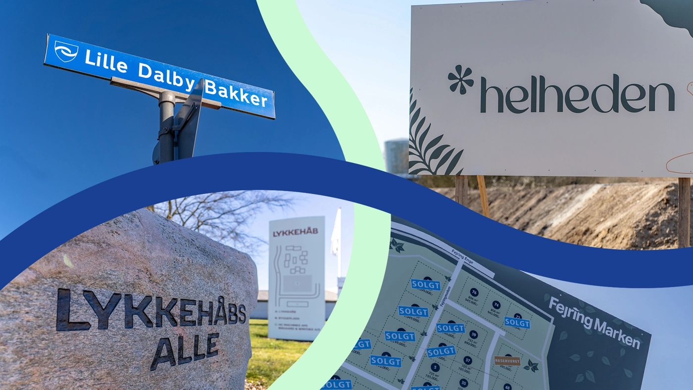Et billede af flere forskellige skilte, der viser navnene på de nye boligområder i Hedensted.